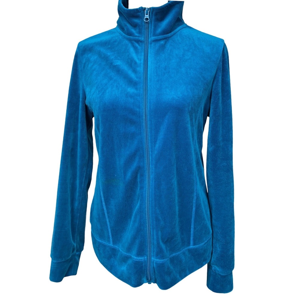 Vintage Faded Glory Womens Teal Velour Track Jacket Full Zip Mock Neck Size S